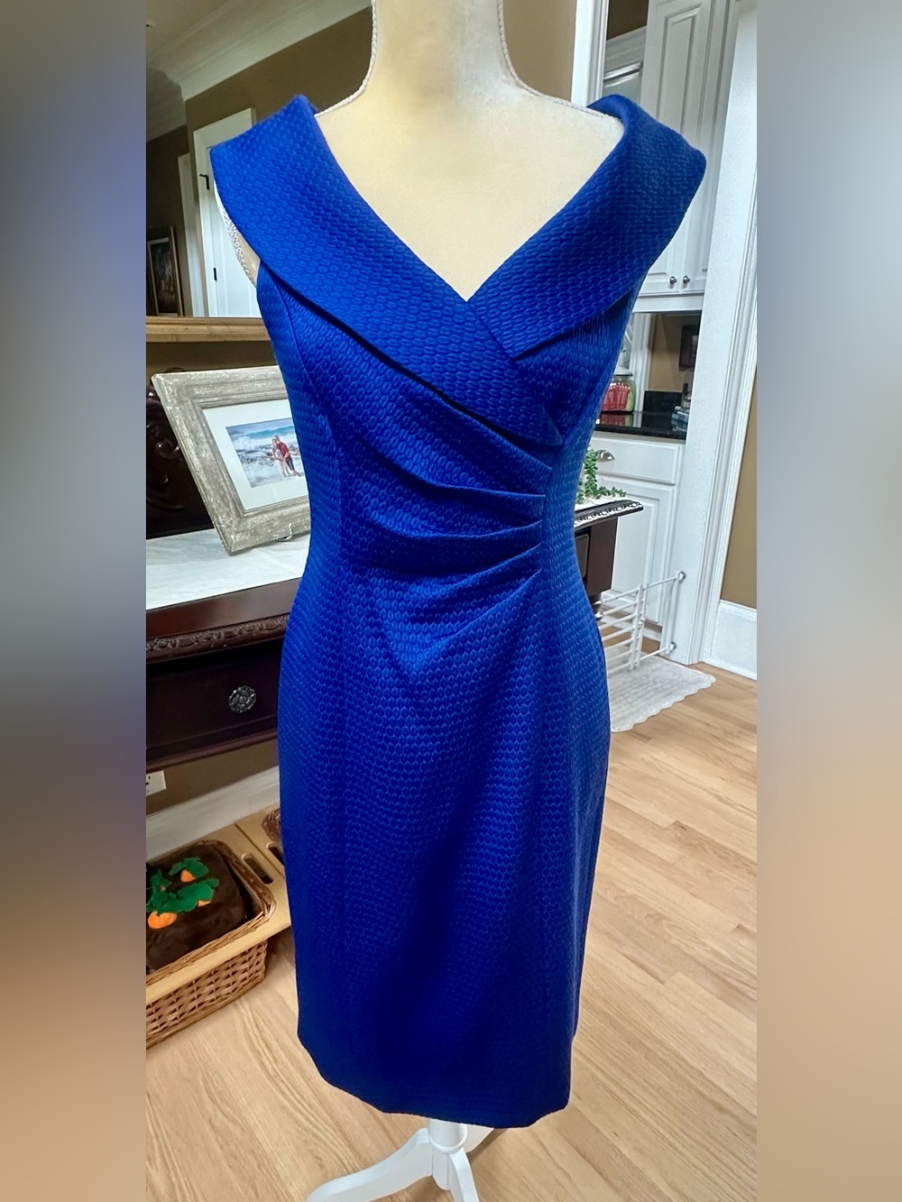Kay Unger Cobalt Blue Midi Sheath Dress with Draped V-Neck